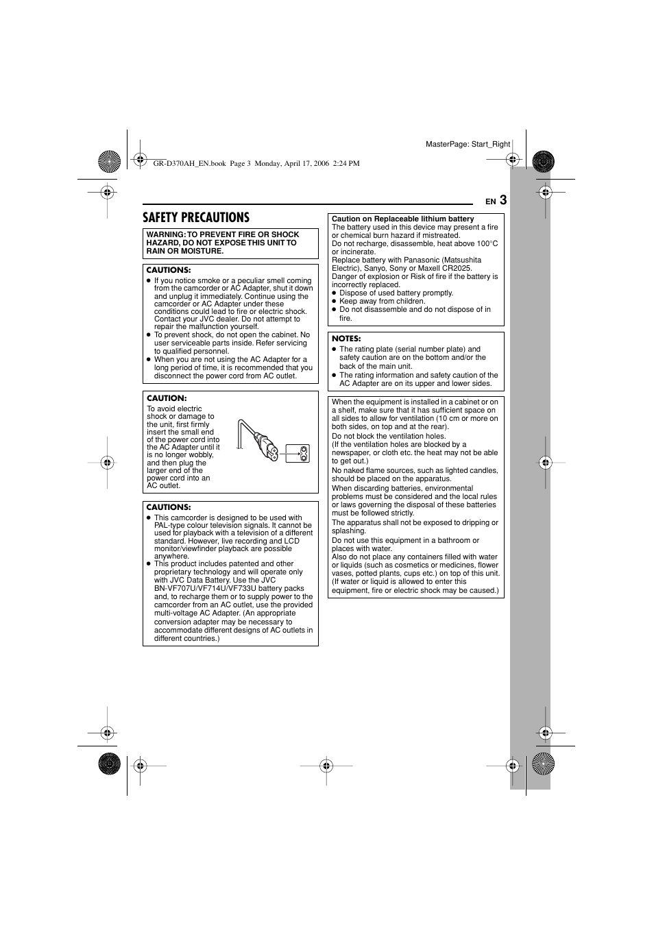 Safety precautions | JVC GR-D370AH User Manual | Page 3 / 72