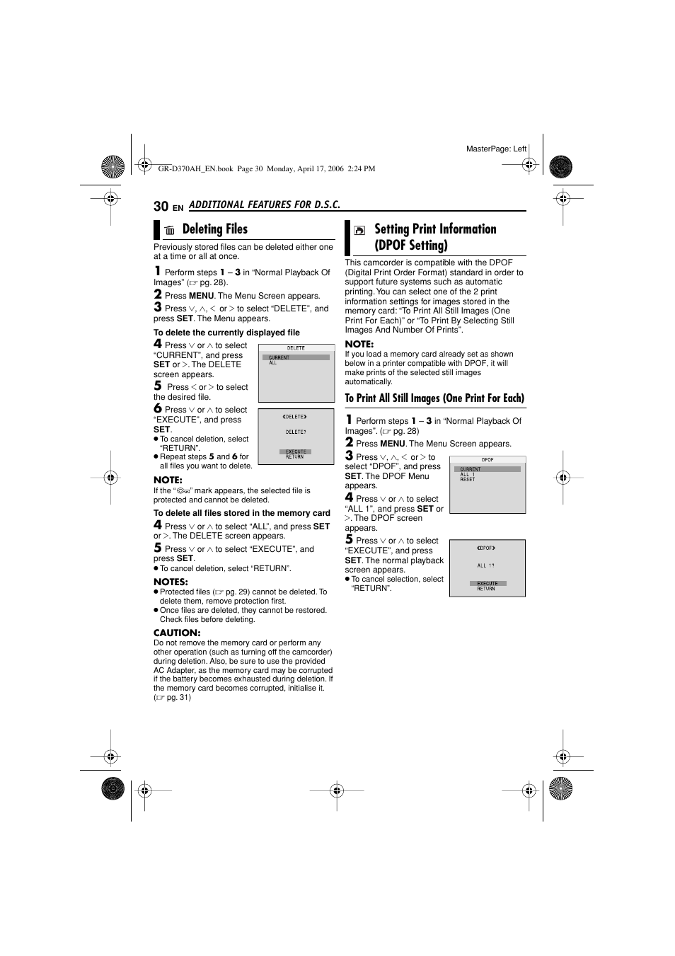 Deleting files, Setting print information (dpof setting), To print all still images (one print for each) | 30 setting print information (dpof setting), Er to “deleting files, Pg. 30) | JVC GR-D370AH User Manual | Page 30 / 72