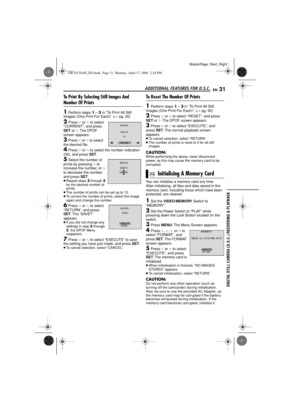 To reset the number of prints, Initialising a memory card, Pg. 31) | JVC GR-D370AH User Manual | Page 31 / 72