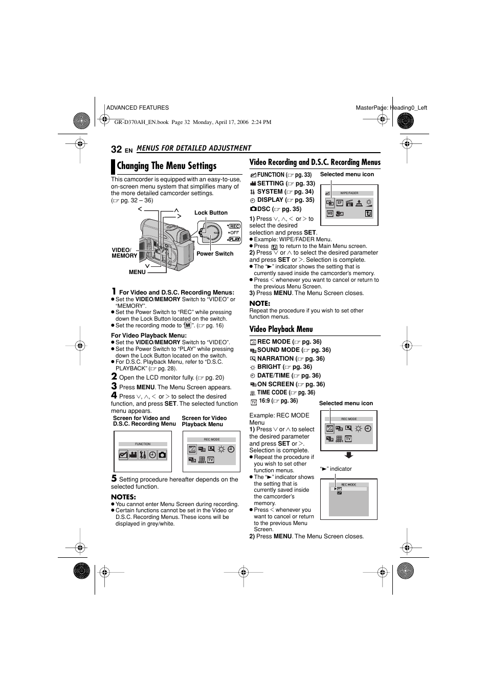 Menus for detailed adjustment, Changing the menu settings, Video recording and d.s.c. recording menus | Video playback menu, Pg. 32, 35), Advanced features, Pg. 32), W button, Pg. 32, 37), Pg. 32, 36) | JVC GR-D370AH User Manual | Page 32 / 72