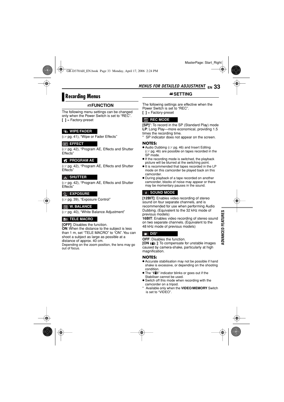 Recording menus, Pg. 33), Pg. 33) (appears f | Pg. 33 | JVC GR-D370AH User Manual | Page 33 / 72