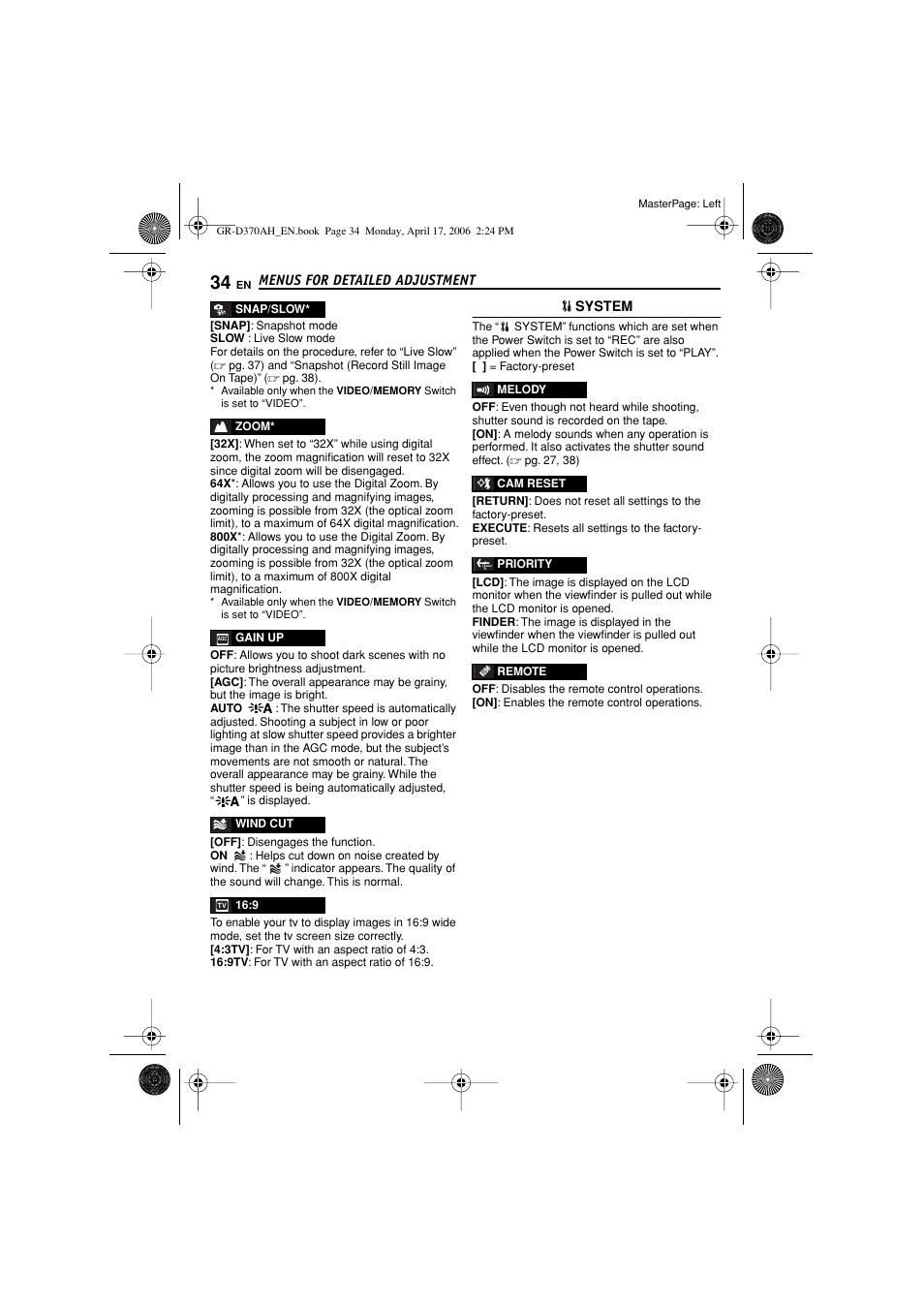 Pg. 34), Wind cut indicator, Pg. 34 | JVC GR-D370AH User Manual | Page 34 / 72