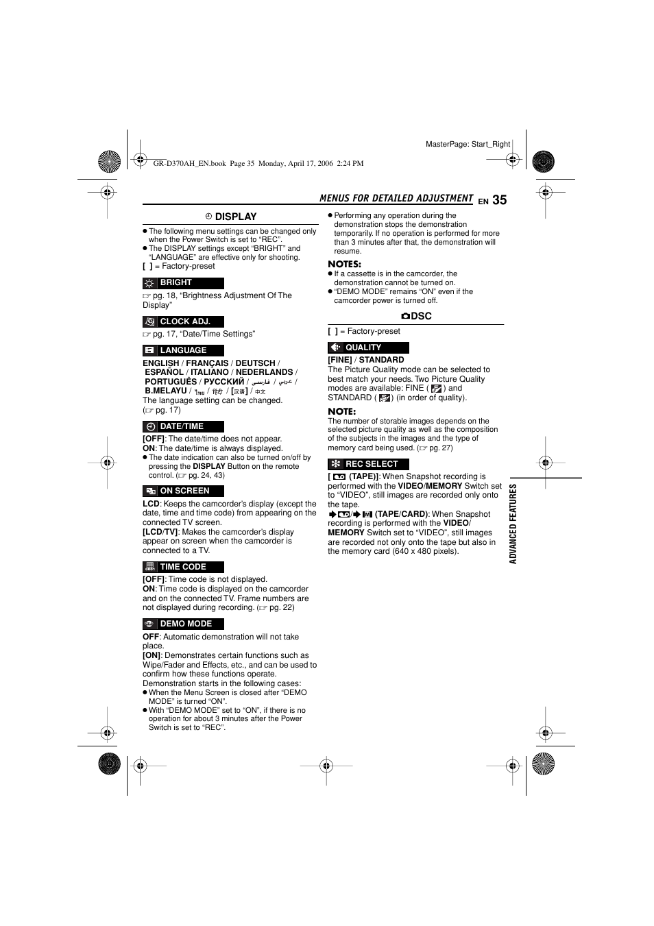 Date/time, Pg. 35), Ard) (in order of quality) | Pg. 35), still images are recorded both on, Pg. 35, 36) | JVC GR-D370AH User Manual | Page 35 / 72