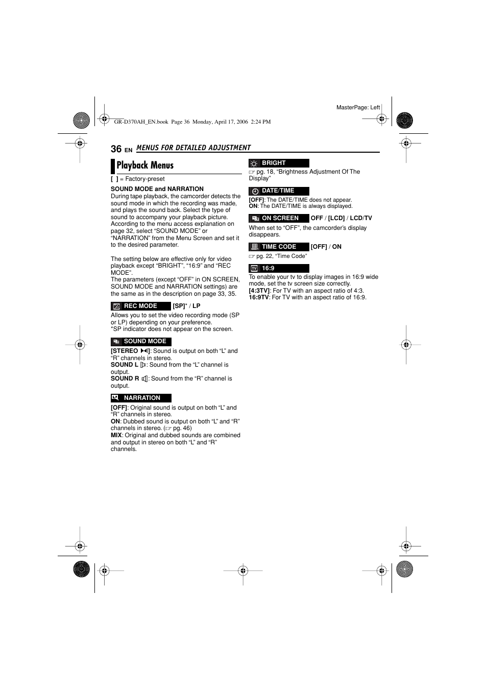 Playback menus, Pg. 36), Date/time | JVC GR-D370AH User Manual | Page 36 / 72