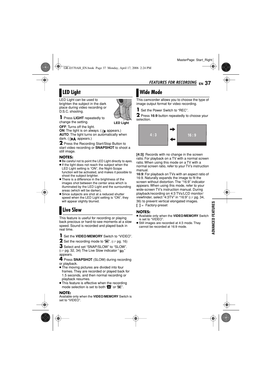 Features for recording, Led light, Live slow | Wide mode, Pg. 37), 37 live slow, 37 wide mode, Wide mode indicator, Led light indicator, Er to “live slow | JVC GR-D370AH User Manual | Page 37 / 72