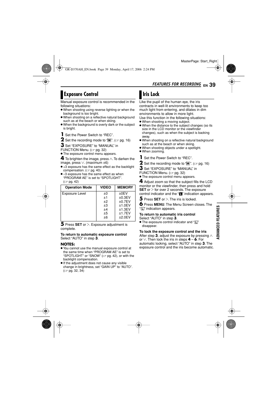 Exposure control, Iris lock, 39 iris lock | Exposure adjustment indicator, Pg. 39), K indicator | JVC GR-D370AH User Manual | Page 39 / 72