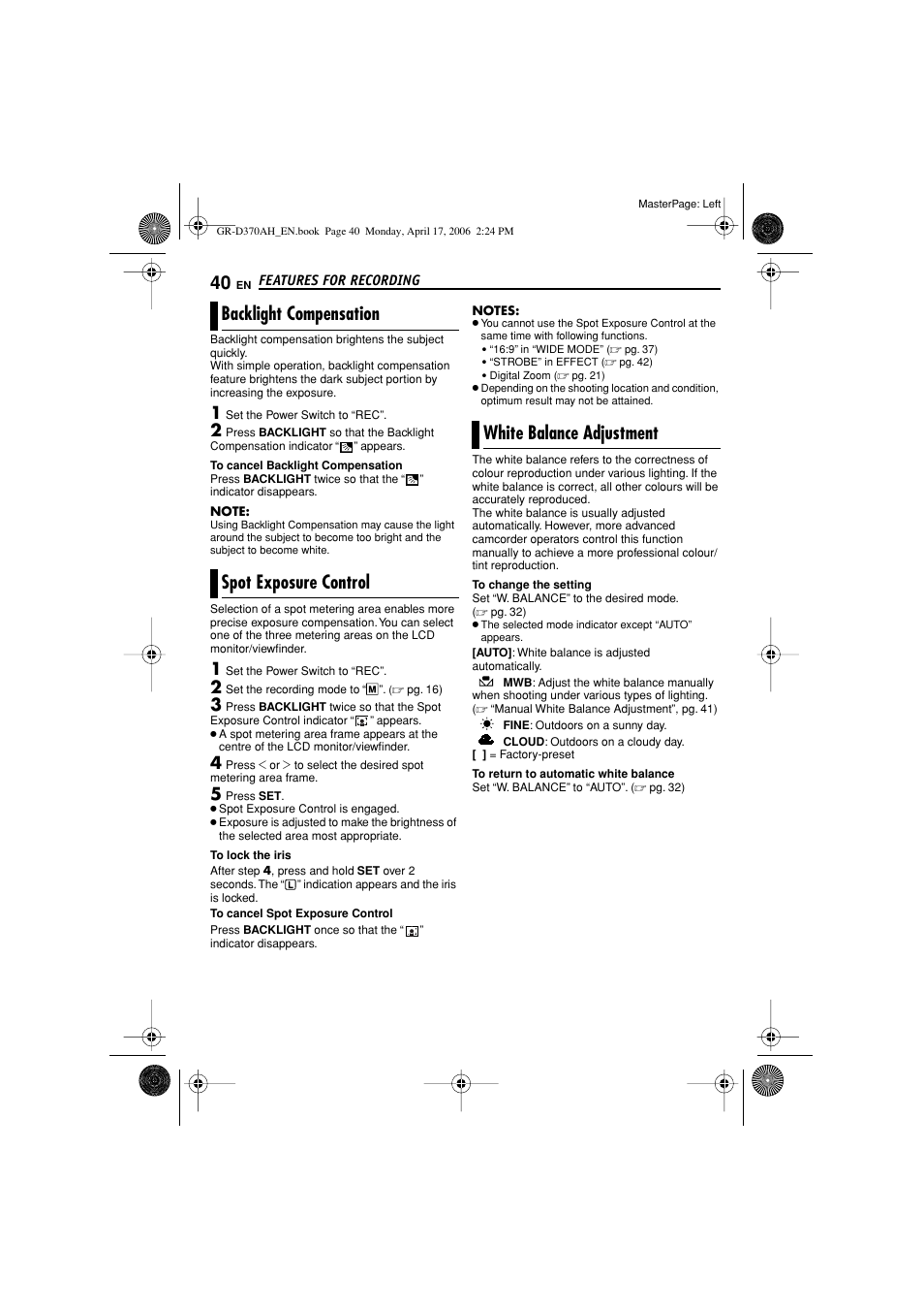 Backlight compensation, Spot exposure control, White balance adjustment | Pg. 40), Pg. 40, spot, Exposure control), 40 spot exposure control, 40 white balance adjustment | JVC GR-D370AH User Manual | Page 40 / 72