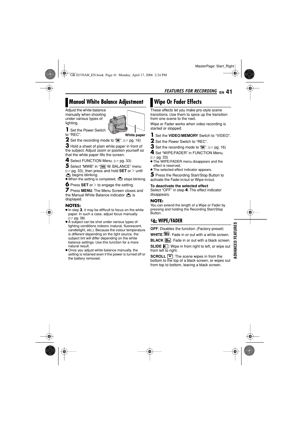 Manual white balance adjustment, Wipe or fader effects, Wipe/fader | Pg. 41), Manual white balance adjustment”, pg. 41) | JVC GR-D370AH User Manual | Page 41 / 72