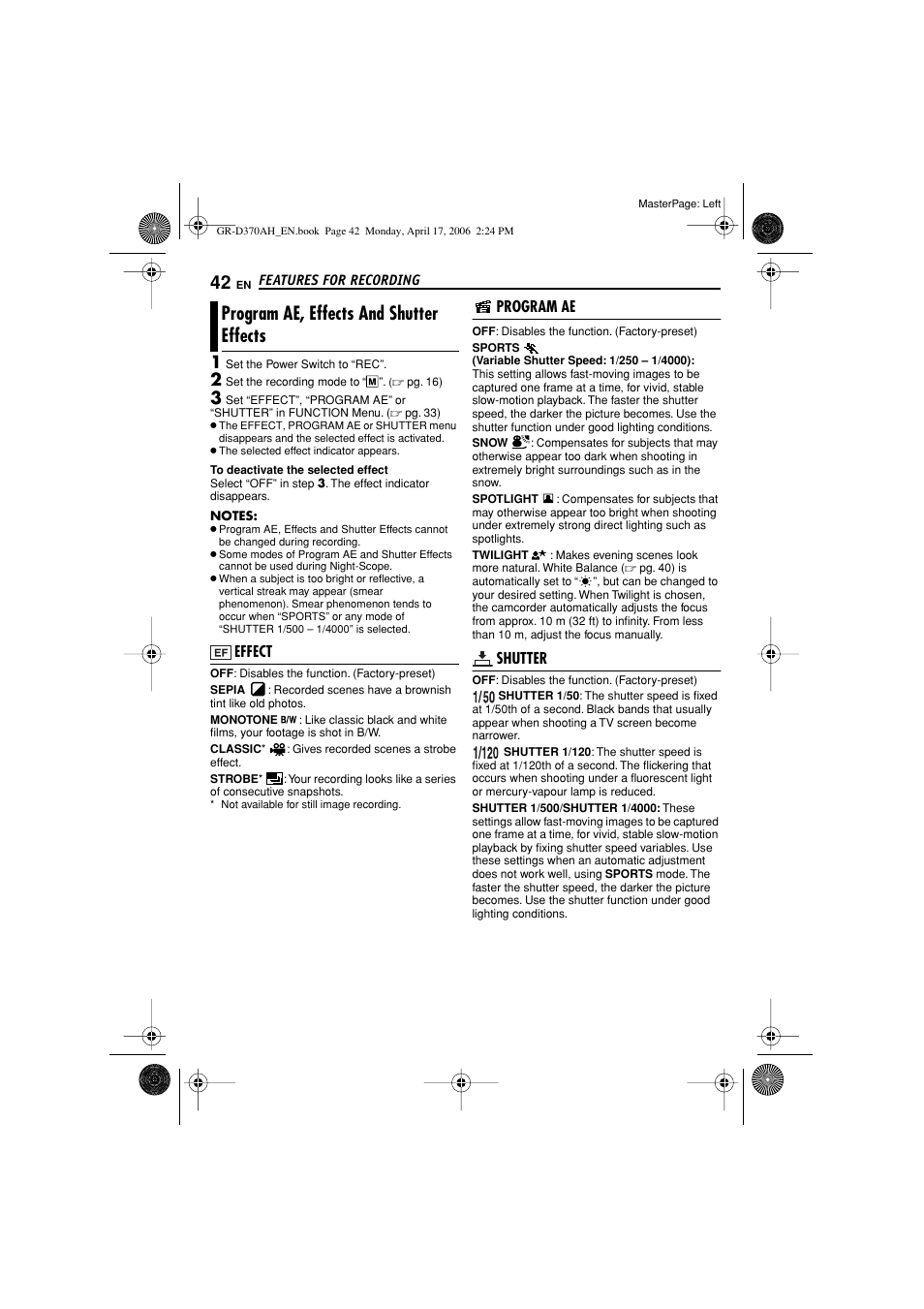 Program ae, effects and shutter effects, Effect, Program ae | Shutter, Pg. 42), Am ae indicator, Pg. 42), or with the, Obe” in effect | JVC GR-D370AH User Manual | Page 42 / 72