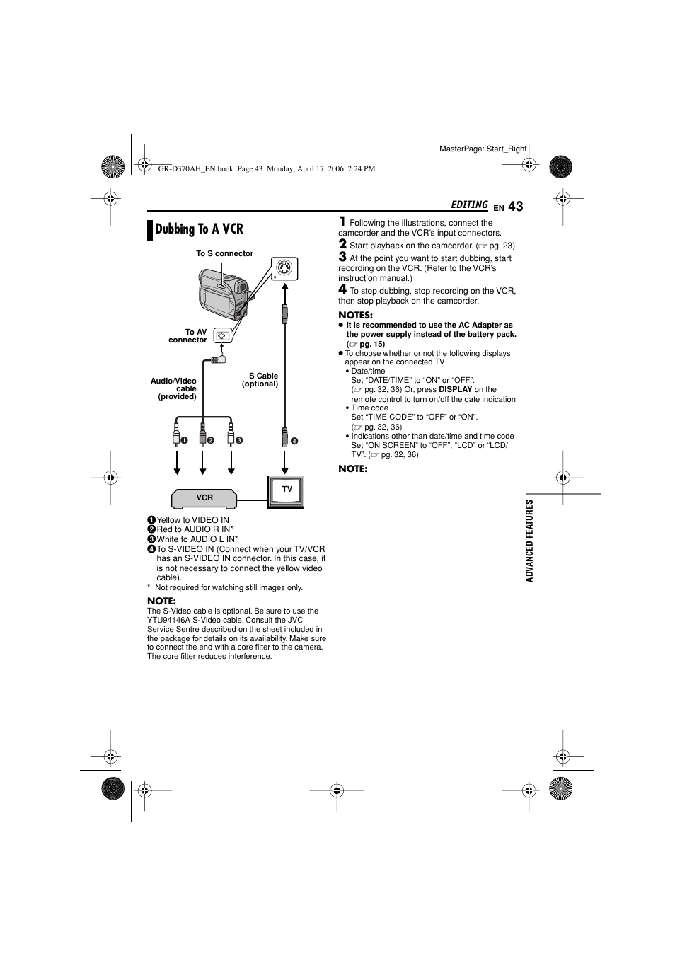 Editing, Dubbing to a vcr | JVC GR-D370AH User Manual | Page 43 / 72