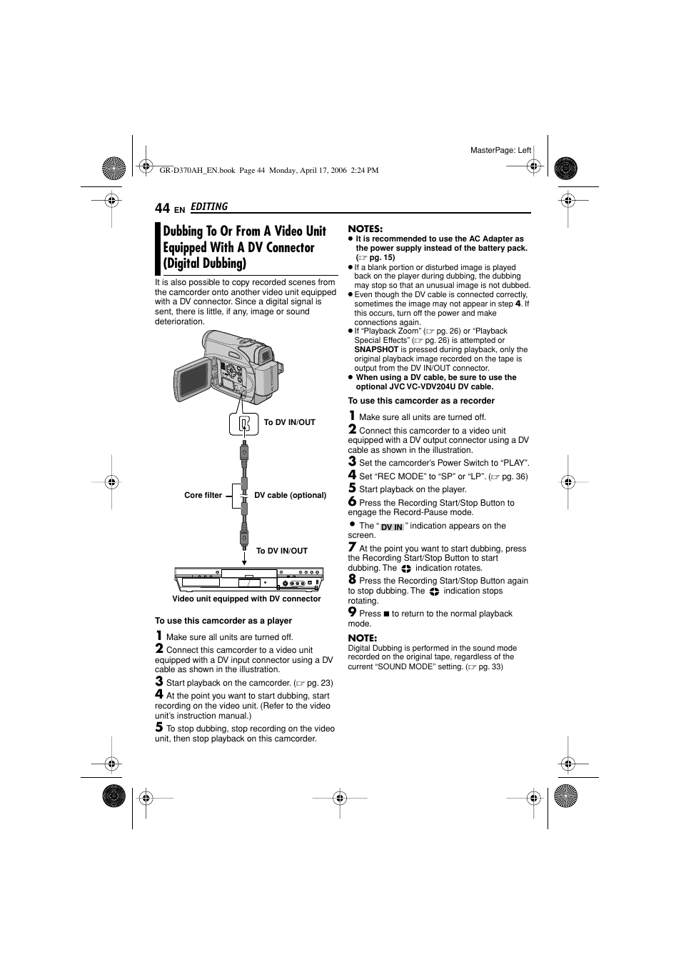 Dubbing to or from a video unit equipped with, A dv connector (digital dubbing), Pg. 44, 45) | JVC GR-D370AH User Manual | Page 44 / 72