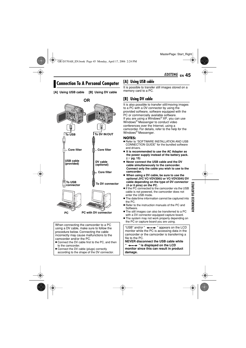 Connection to a personal computer, Pg. 45), A] using usb cable | B] using dv cable | JVC GR-D370AH User Manual | Page 45 / 72