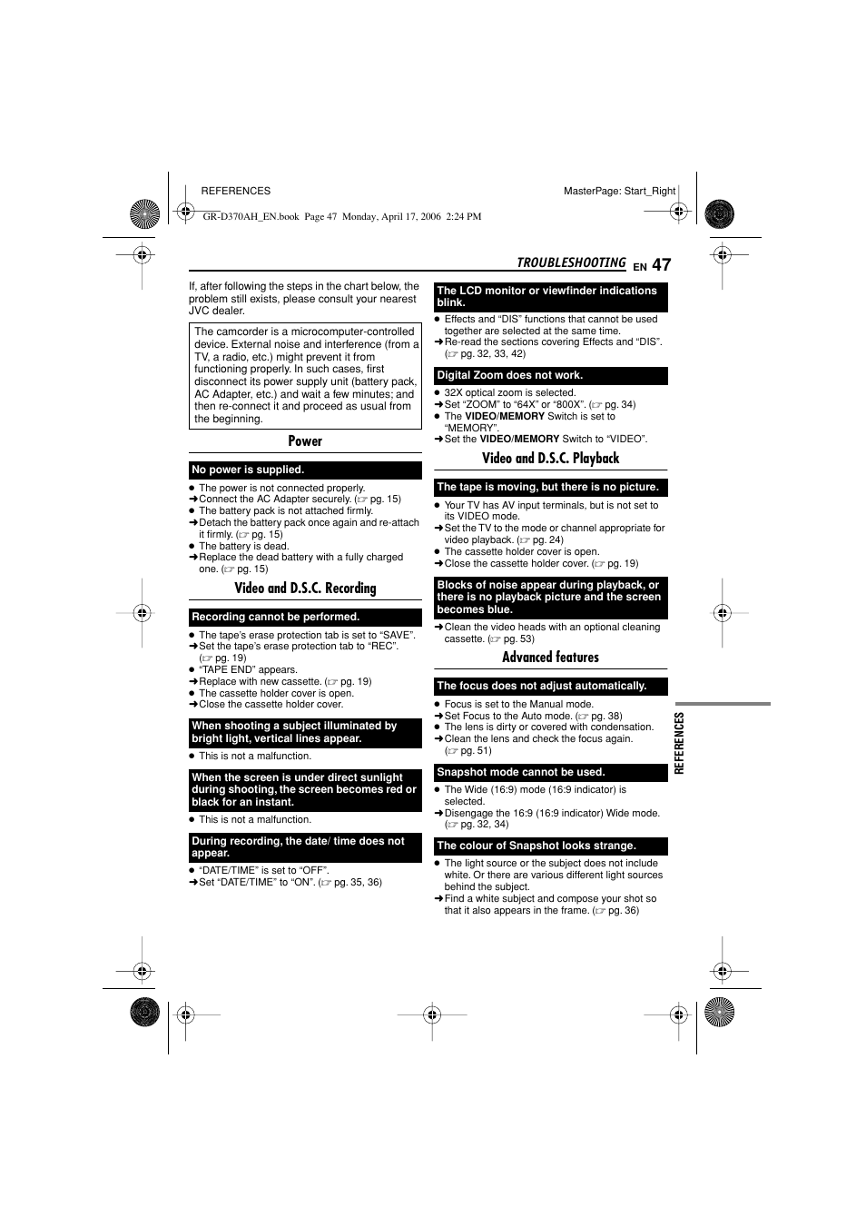 Troubleshooting, References, Power | Video and d.s.c. recording, Video and d.s.c. playback, Advanced features | JVC GR-D370AH User Manual | Page 47 / 72