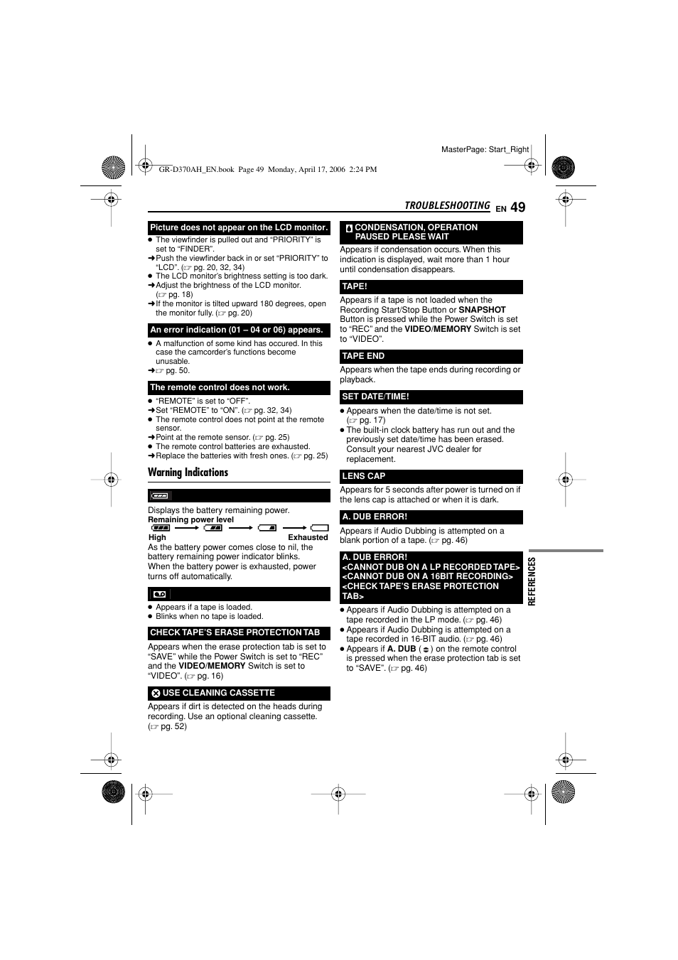 Warning indications | JVC GR-D370AH User Manual | Page 49 / 72