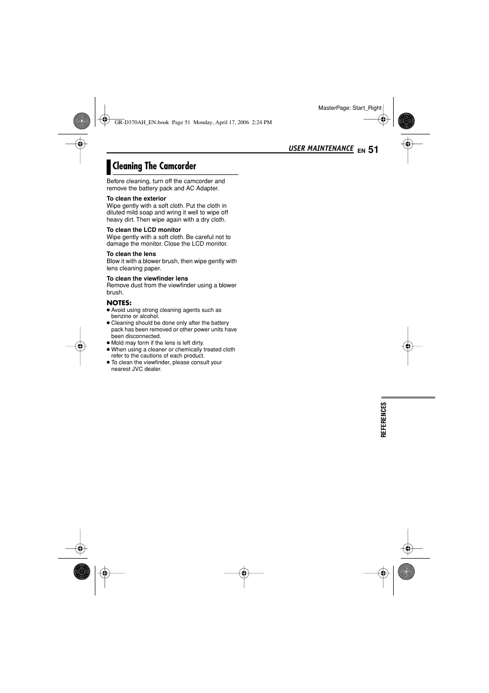 Cleaning the camcorder, Pg. 51) | JVC GR-D370AH User Manual | Page 51 / 72