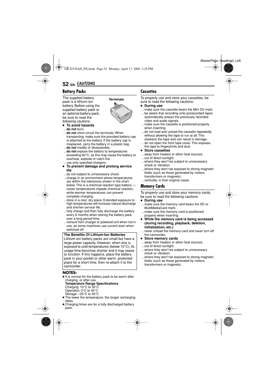 Cautions, Battery packs, Cassettes | Memory cards, Pg. 52) | JVC GR-D370AH User Manual | Page 52 / 72