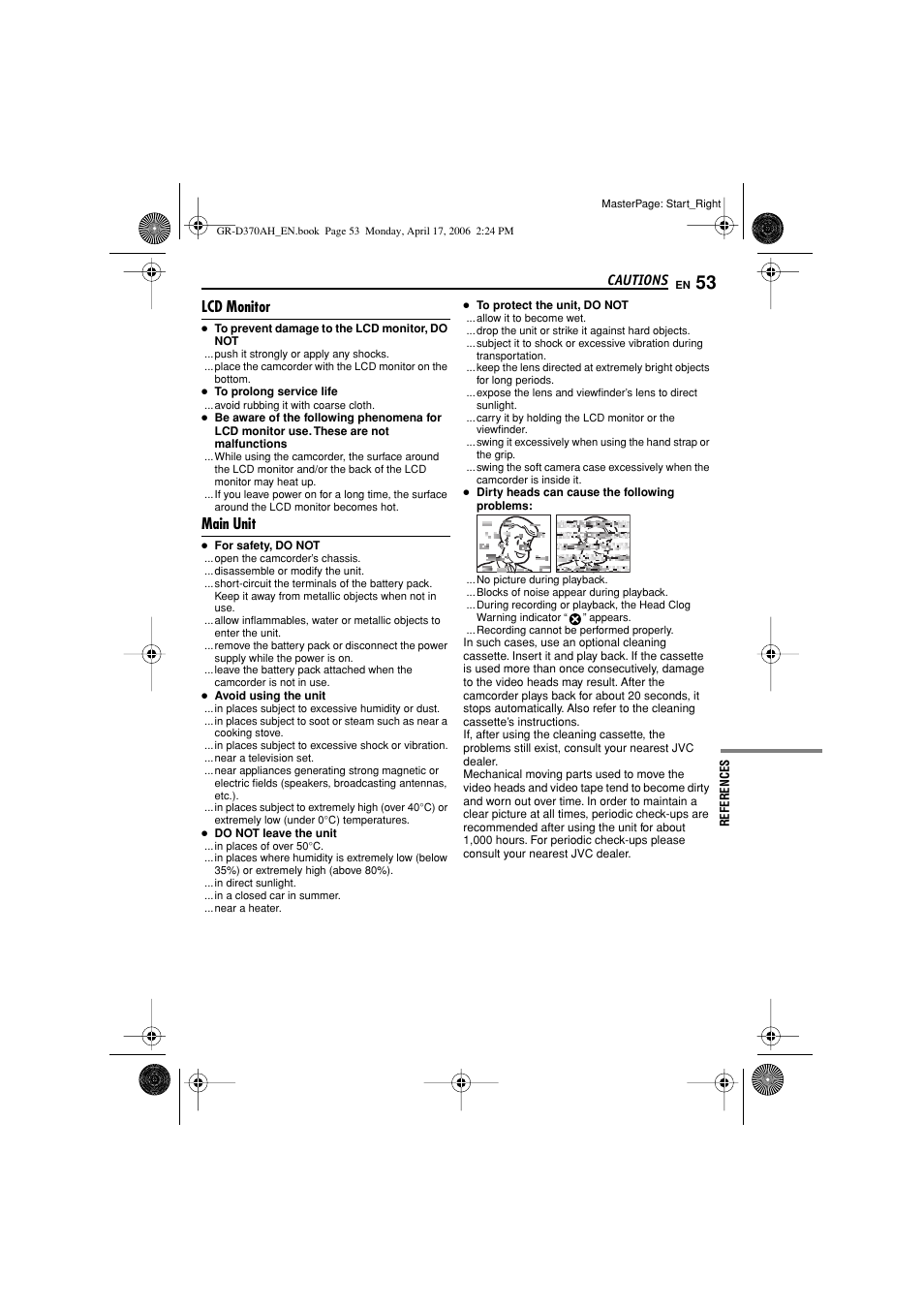 Lcd monitor, Main unit, Pg. 53) | Cautions | JVC GR-D370AH User Manual | Page 53 / 72