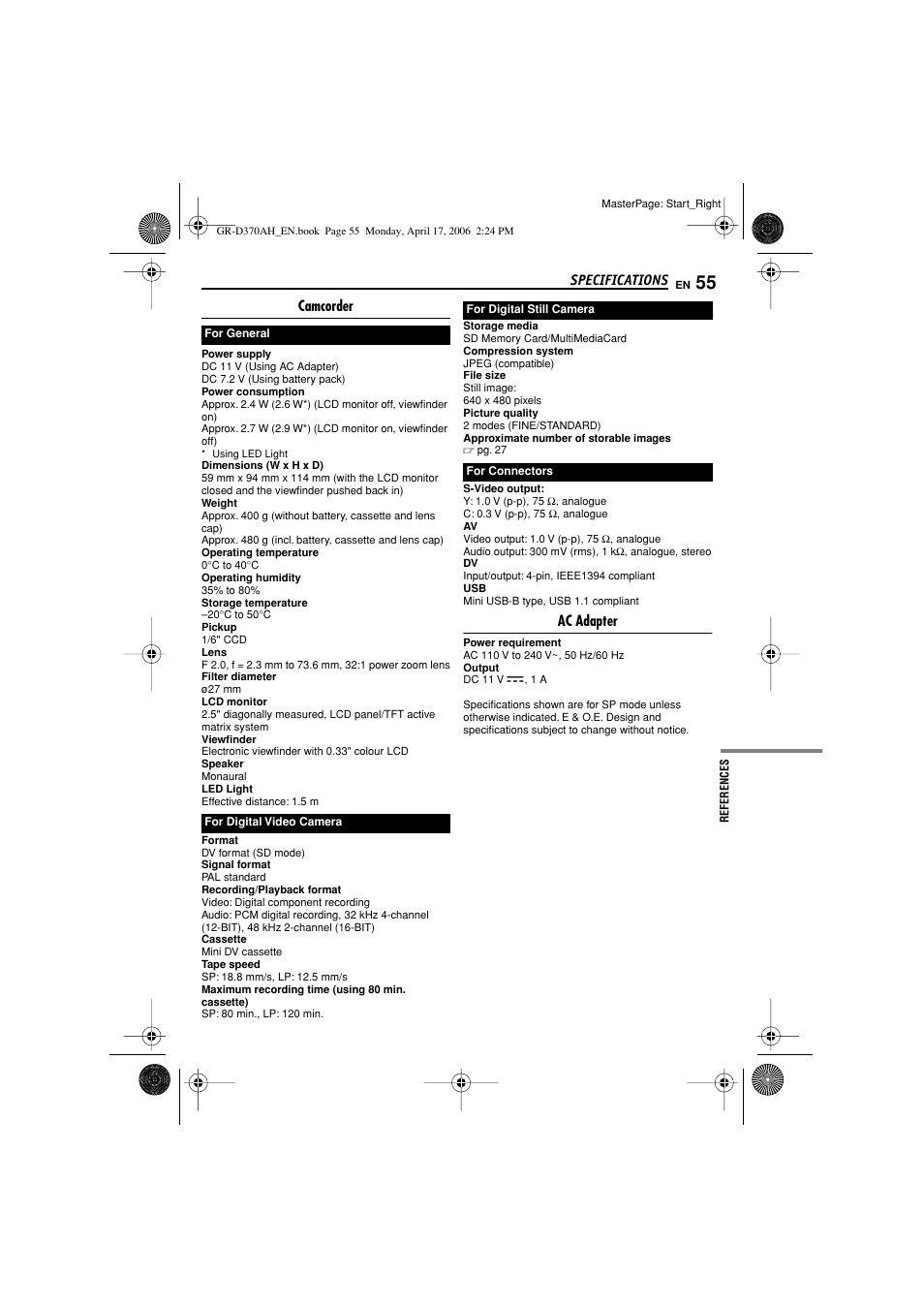 Specifications, Camcorder, Ac adapter | JVC GR-D370AH User Manual | Page 55 / 72