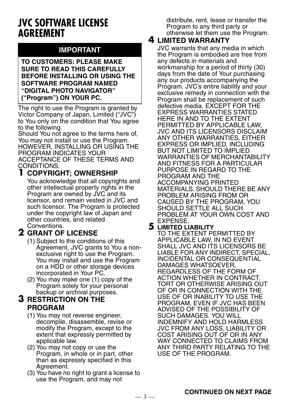 Jvc software license agreement, 1 copyright; ownership, 2 grant of license | 3 restriction on the program, 4 limited warranty, 5 limited liability | JVC GR-D370AH User Manual | Page 58 / 72