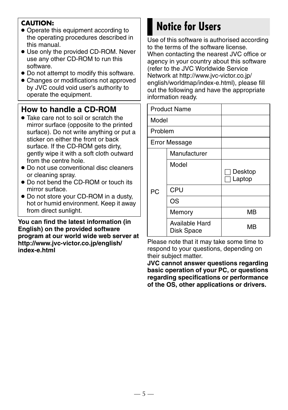 Caution, How to handle a cd-rom, Notice for users | JVC GR-D370AH User Manual | Page 60 / 72