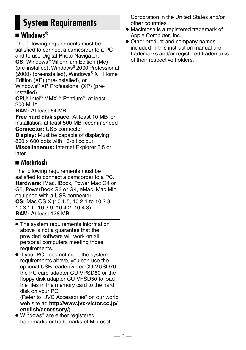 System requirements, Windows, Macintosh | JVC GR-D370AH User Manual | Page 61 / 72