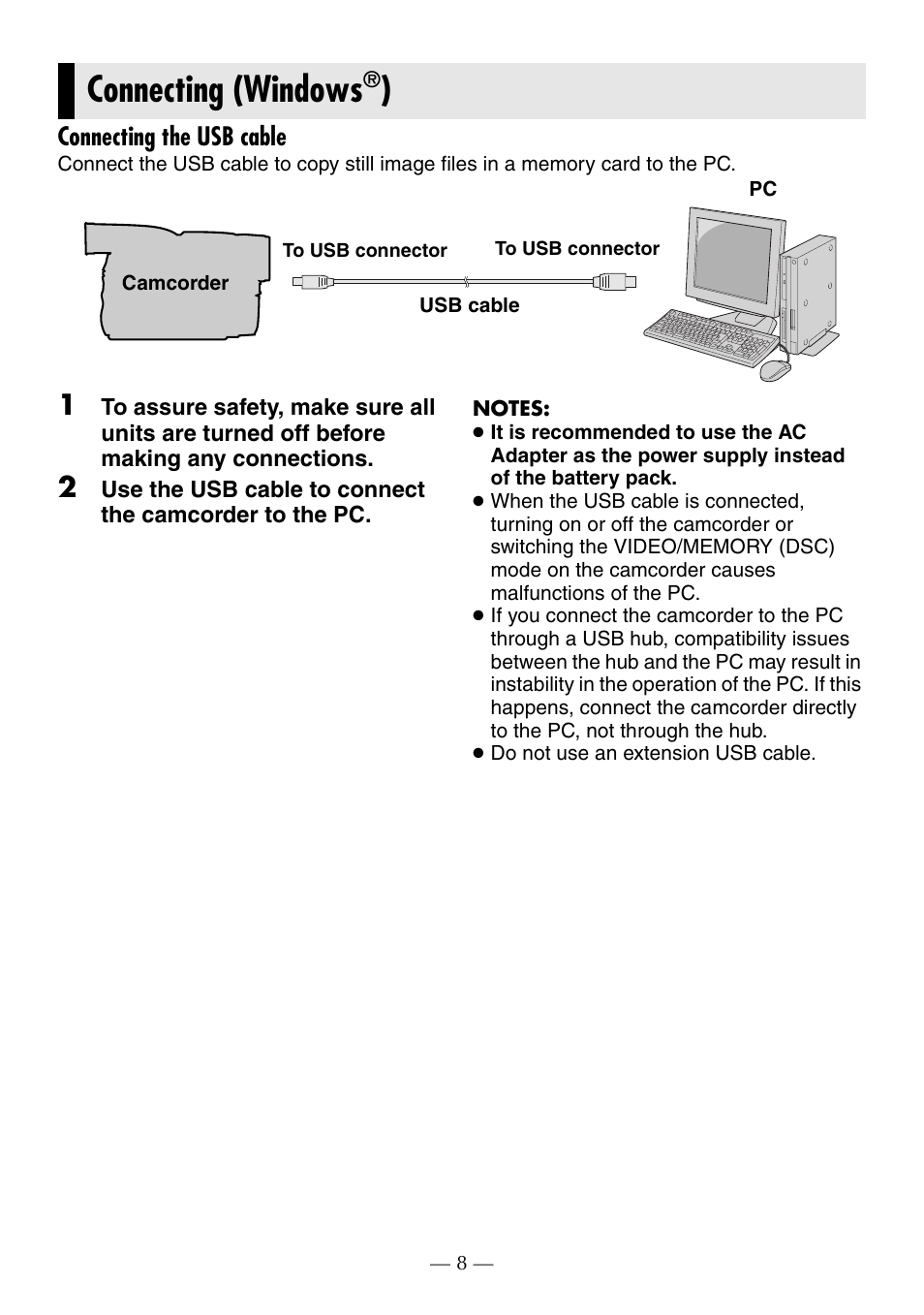 Connecting (windows®), Connecting the usb cable, Connecting (windows | JVC GR-D370AH User Manual | Page 63 / 72