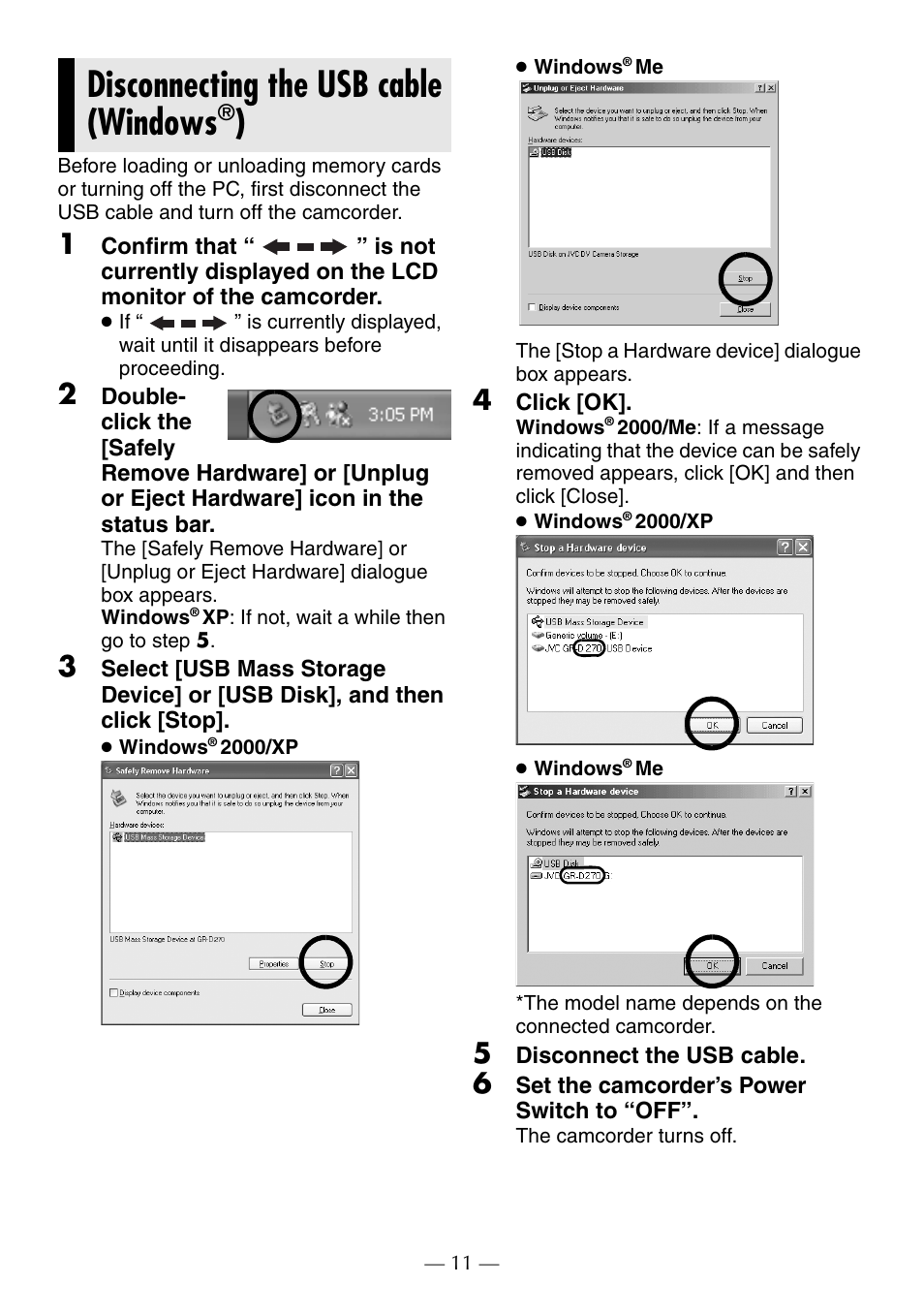 Disconnecting the usb cable (windows®), 4 click [ok, 5 disconnect the usb cable | 6 set the camcorder’s power switch to “off, Disconnecting the usb cable (windows | JVC GR-D370AH User Manual | Page 66 / 72