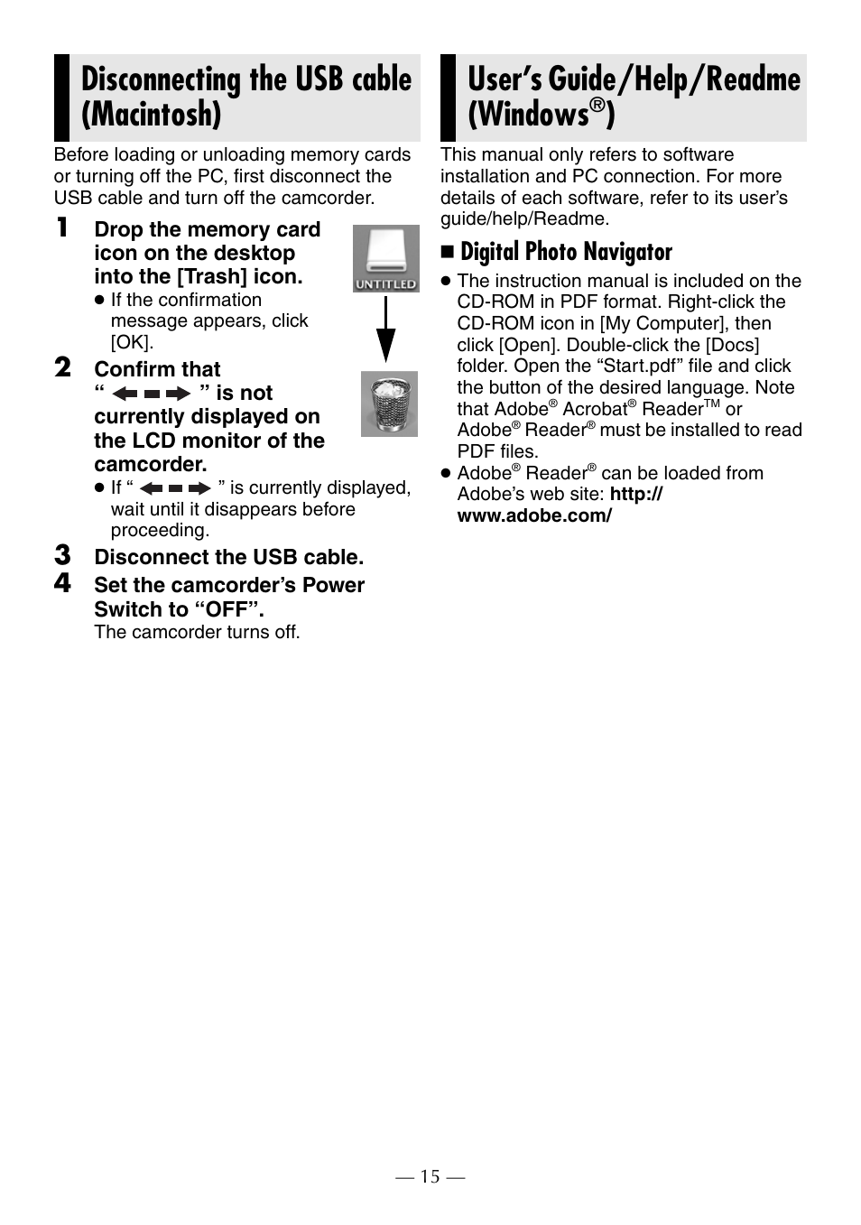 Disconnecting the usb cable (macintosh), 3 disconnect the usb cable, 4 set the camcorder’s power switch to “off | User’s guide/help/readme (windows®), User’s guide/help/readme (windows | JVC GR-D370AH User Manual | Page 70 / 72