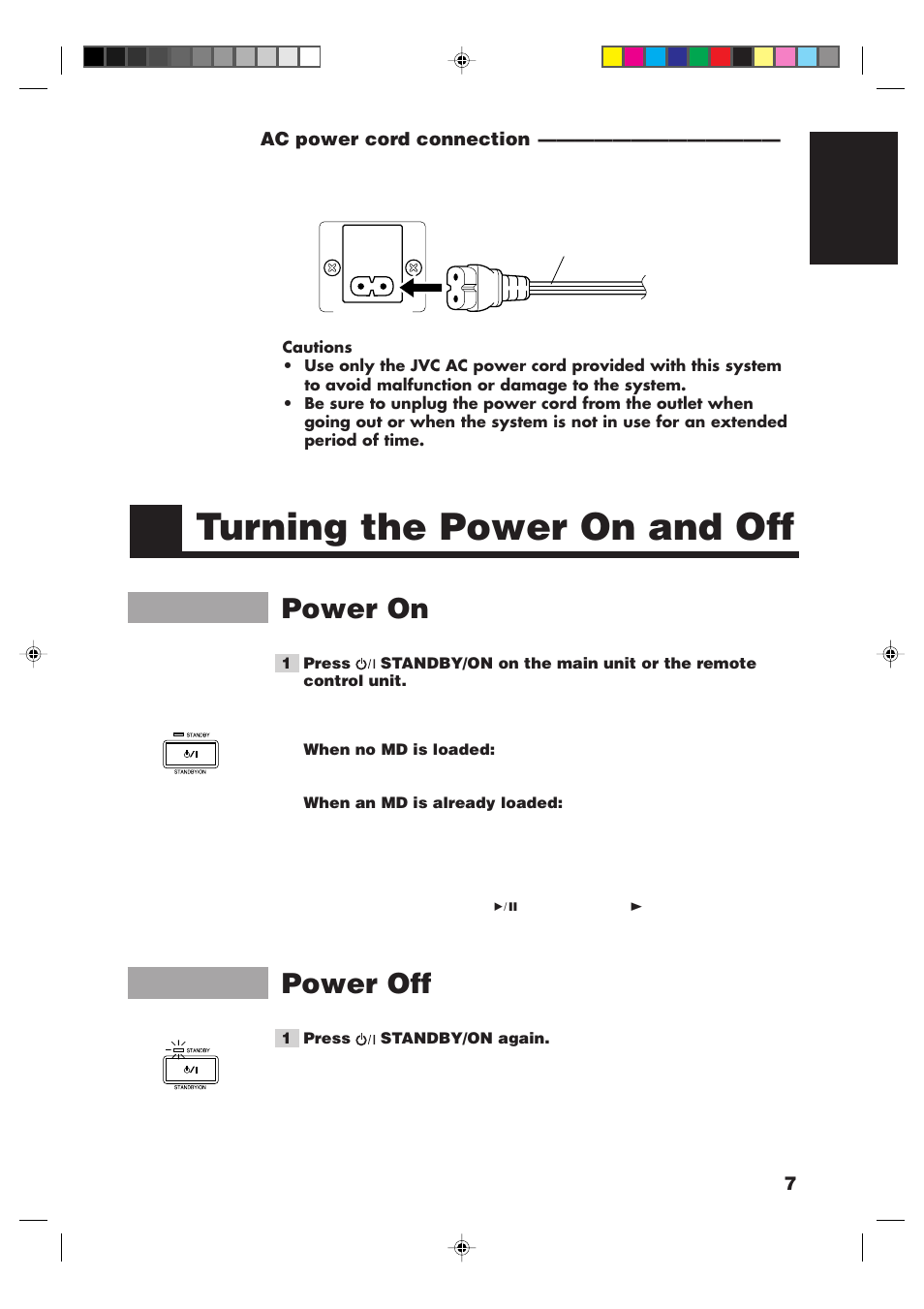 Turning the power on and off, Power on, Power off | JVC XM-228BK User Manual | Page 11 / 21