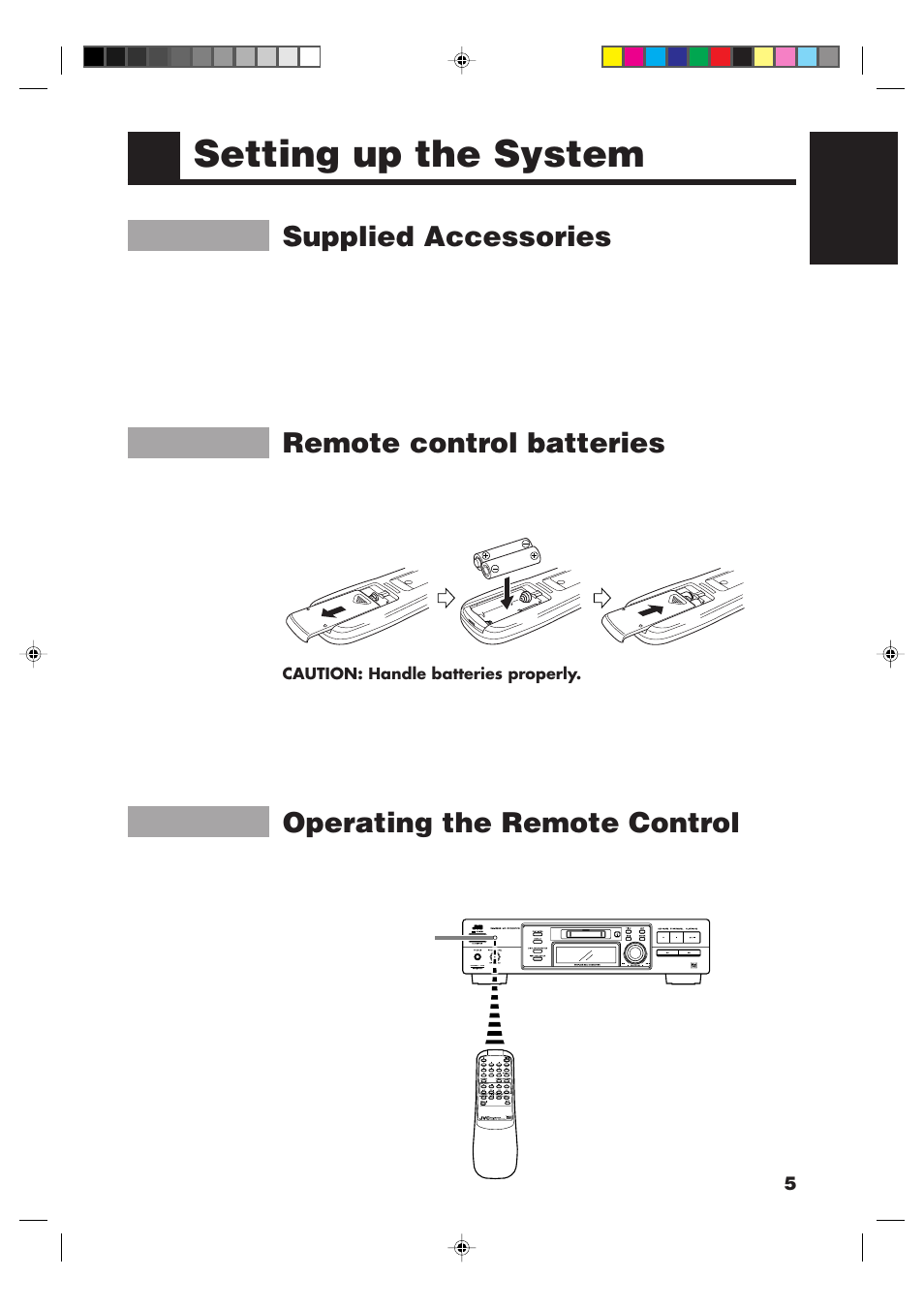 Setting up the system, Supplied accessories, Remote control batteries | Operating the remote control | JVC XM-228BK User Manual | Page 9 / 21