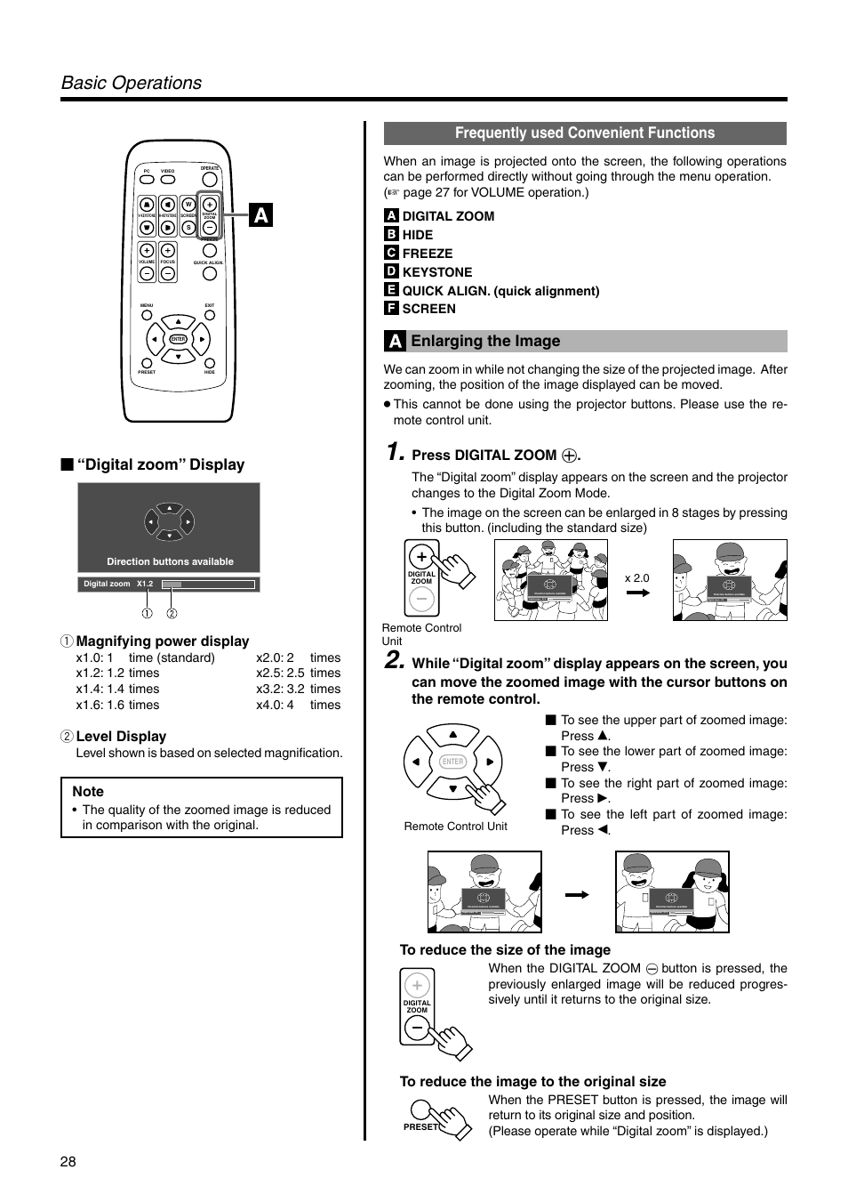 Frequently used convenient functions, Enlarging the image, Basic operations | Digital zoom” display, 1 magnifying power display, 2 level display, Press digital zoom ª | JVC DLA-SX21E User Manual | Page 28 / 58