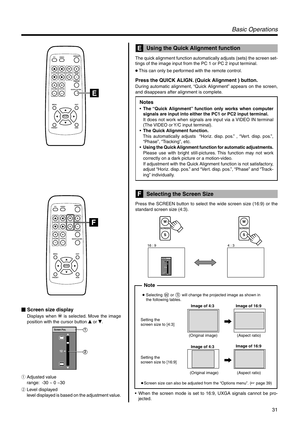 Using the quick alignment function, Selecting the screen size, Basic operations | Press the quick align. (quick alignment ) button, Screen size display | JVC DLA-SX21E User Manual | Page 31 / 58