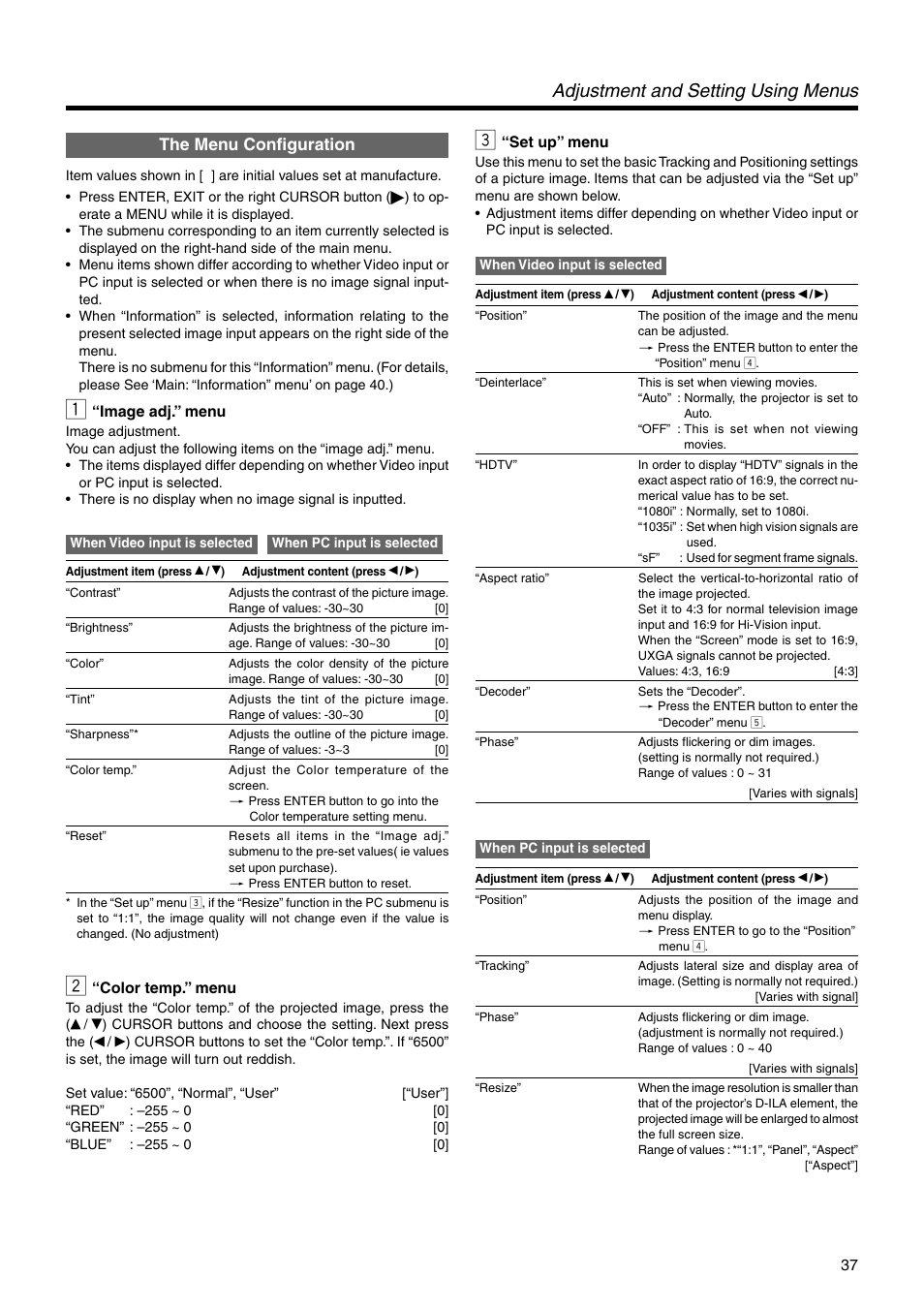 The menu configuration, "image adj." menu, "color temp." menu | "set up" menu, Adjustment and setting using menus | JVC DLA-SX21E User Manual | Page 37 / 58