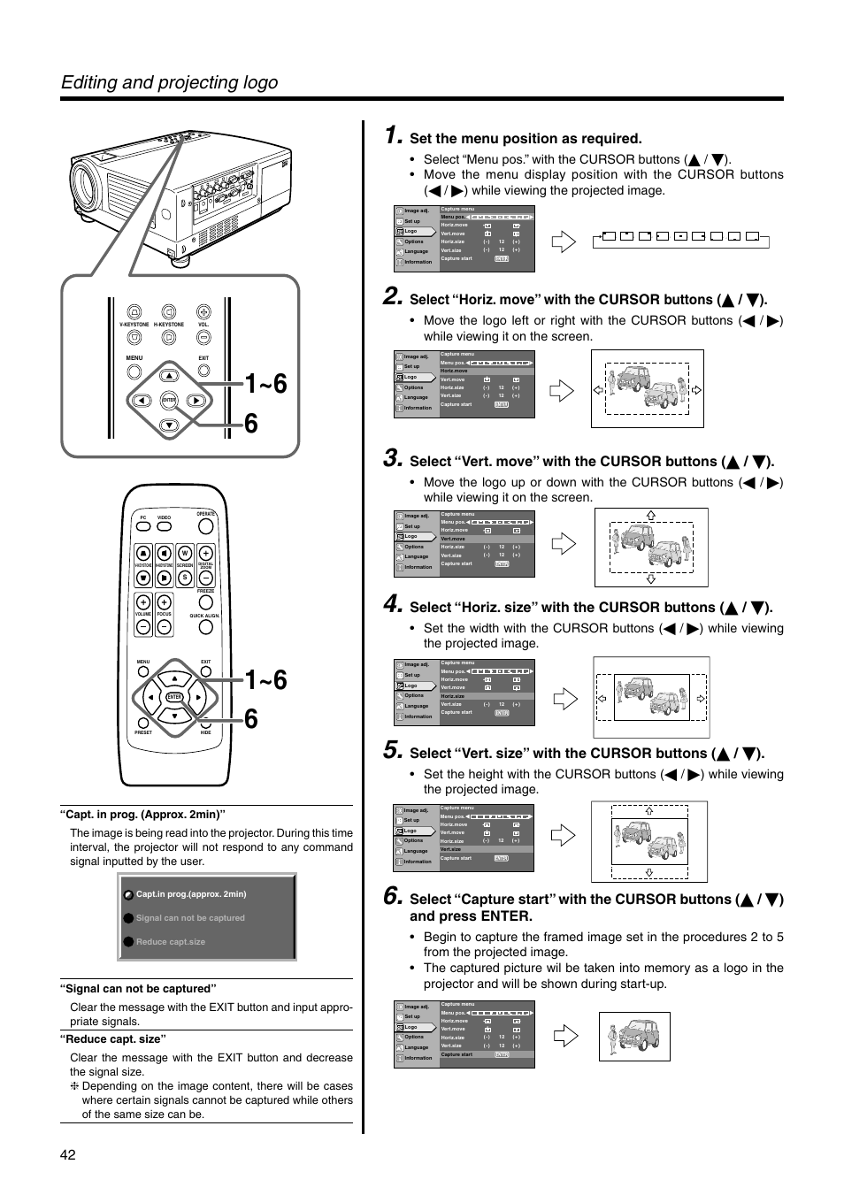 Editing and projecting logo, Set the menu position as required | JVC DLA-SX21E User Manual | Page 42 / 58