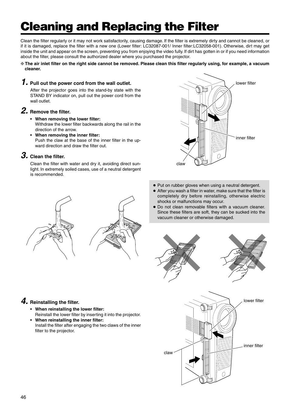 Cleaning and replacing the filter | JVC DLA-SX21E User Manual | Page 46 / 58