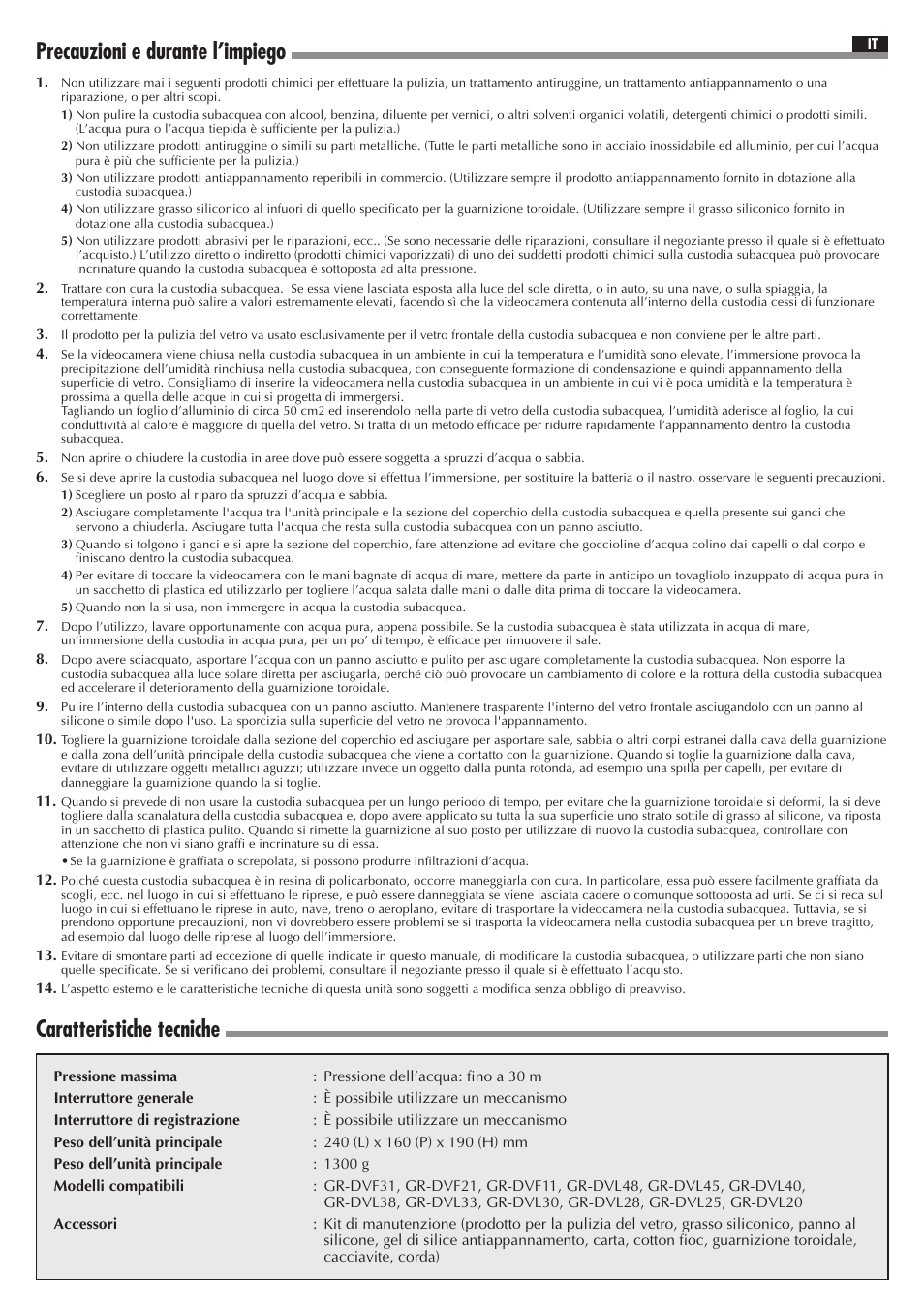 Precauzioni e durante l’impiego, Caratteristiche tecniche | JVC WR-DV21U User Manual | Page 10 / 12