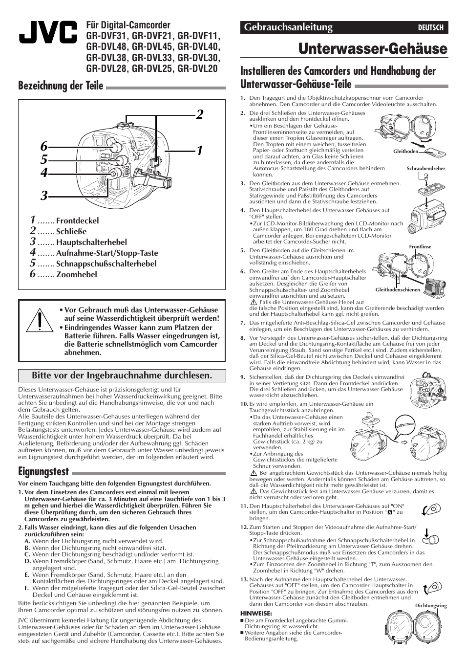 Unterwasser-gehäuse, Wr-dv21u, Bezeichnung der teile | Eignungstest, Gebrauchsanleitung, Bitte vor der ingebrauchnahme durchlesen | JVC WR-DV21U User Manual | Page 3 / 12