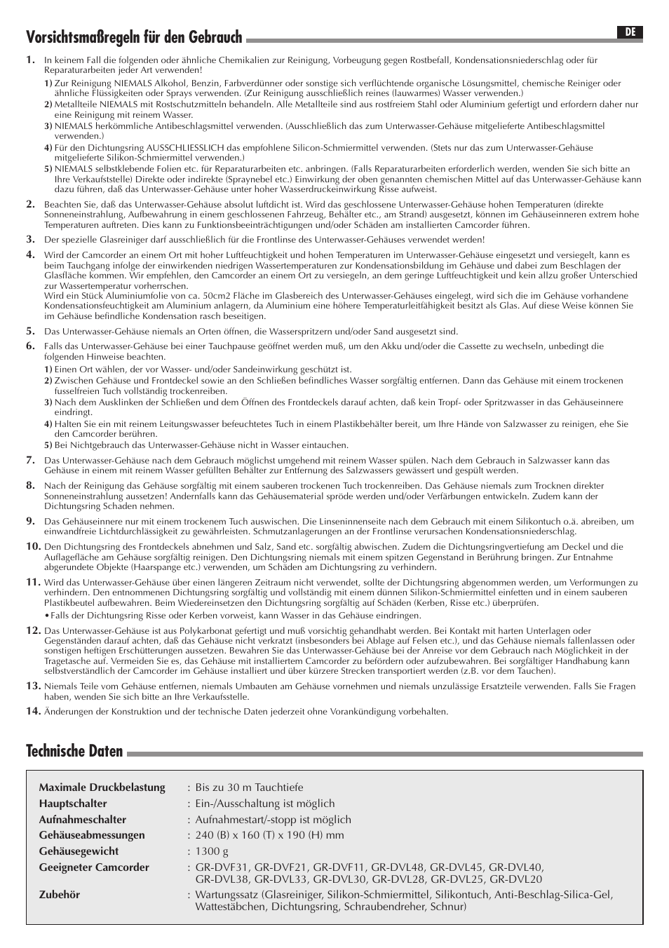 Vorsichtsmaßregeln für den gebrauch, Technische daten | JVC WR-DV21U User Manual | Page 4 / 12