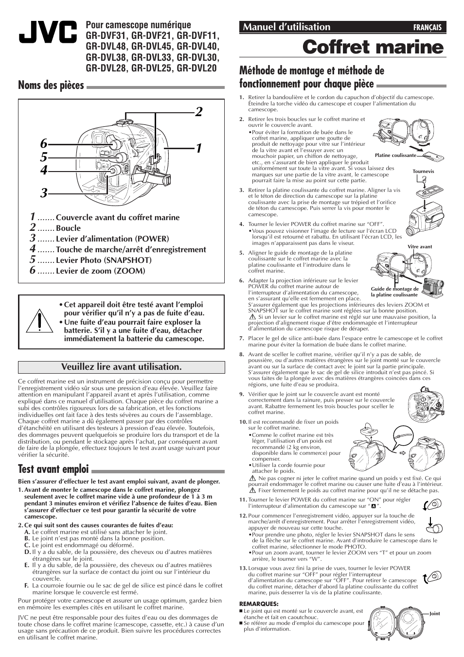 Coffret marine, Wr-dv21u, Noms des pièces | Test avant emploi, Manuel d’utilisation, Veuillez lire avant utilisation | JVC WR-DV21U User Manual | Page 5 / 12
