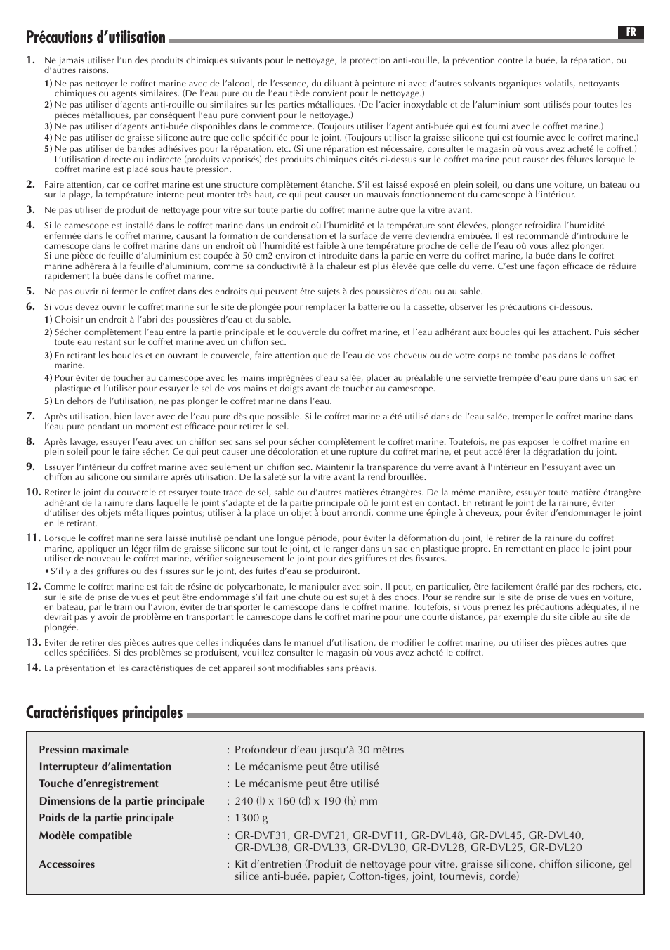 Précautions d’utilisation, Caractéristiques principales | JVC WR-DV21U User Manual | Page 6 / 12