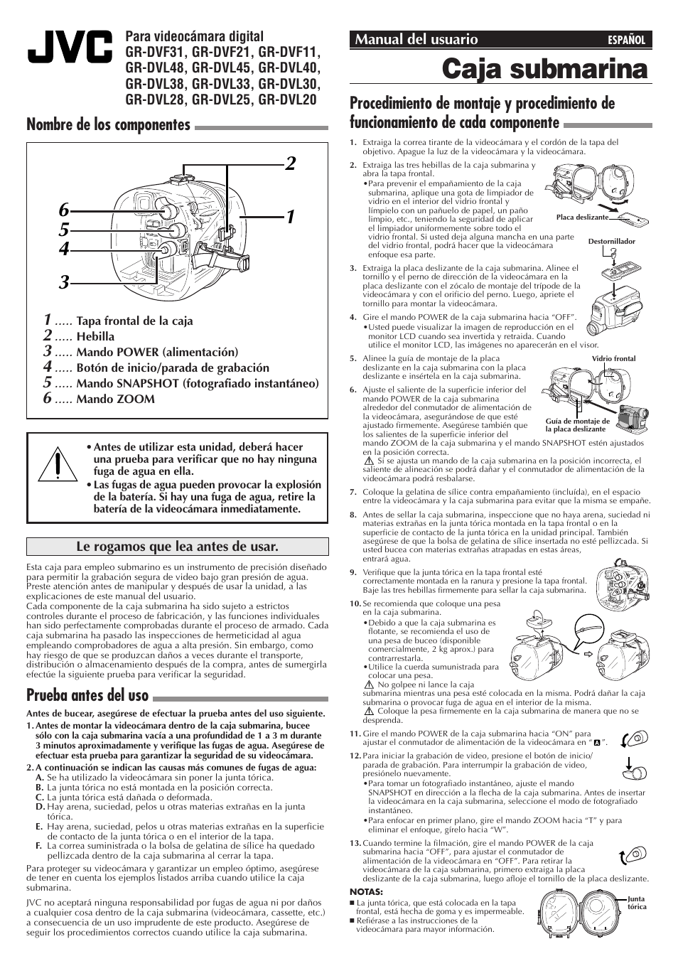Caja submarina, Wr-dv21u, Nombre de los componentes | Prueba antes del uso, Manual del usuario, Le rogamos que lea antes de usar | JVC WR-DV21U User Manual | Page 7 / 12