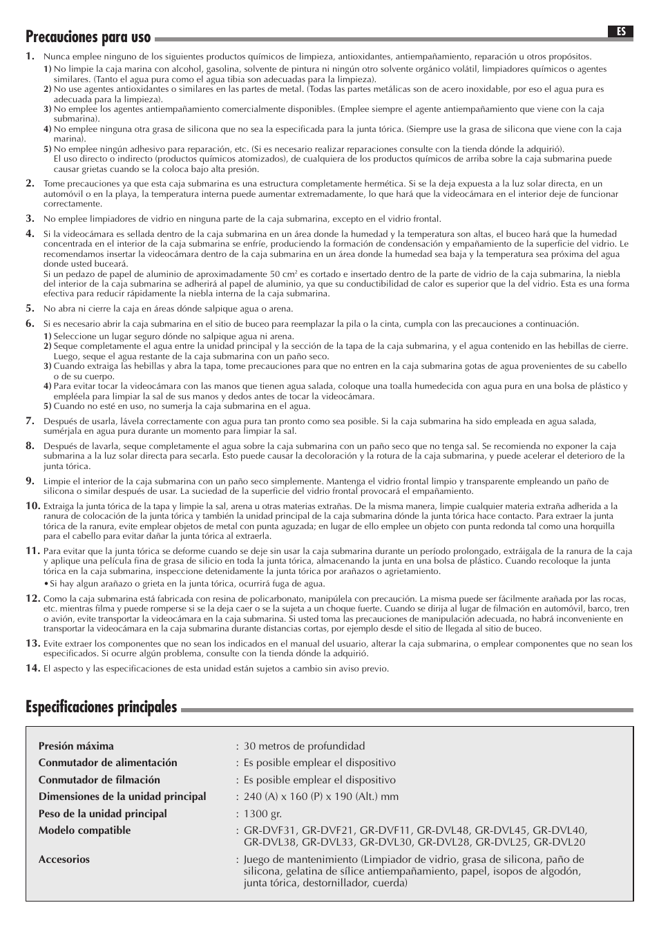 Precauciones para uso, Especificaciones principales | JVC WR-DV21U User Manual | Page 8 / 12