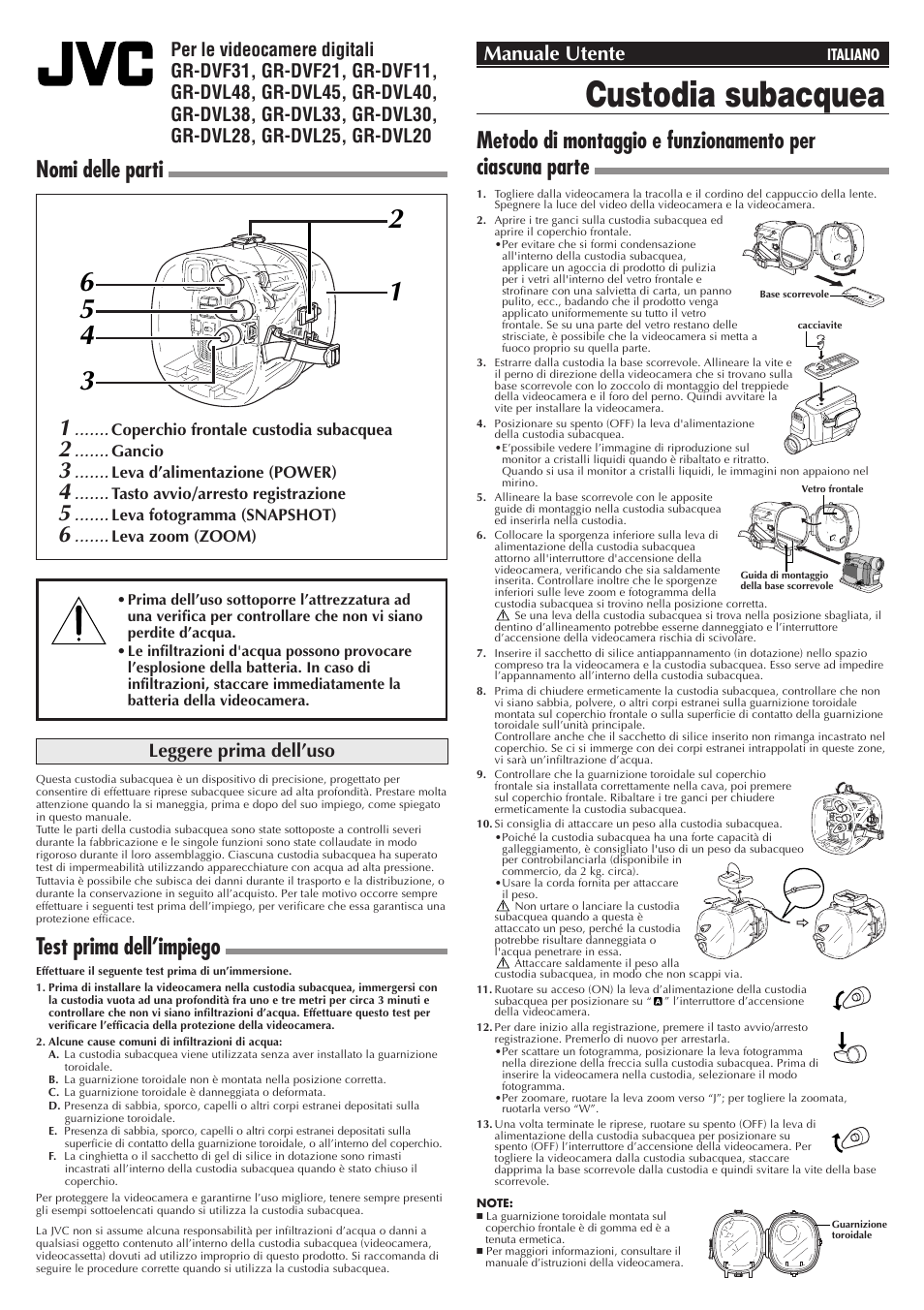 Custodia subacquea, Wr-dv21u, Nomi delle parti | Test prima dell’impiego, Manuale utente, Leggere prima dell’uso | JVC WR-DV21U User Manual | Page 9 / 12