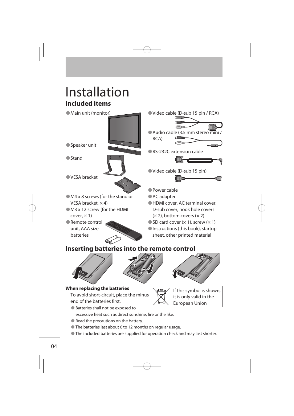 Installation, Included items, Inserting batteries into the remote control | JVC LT-32WX50 User Manual | Page 11 / 79