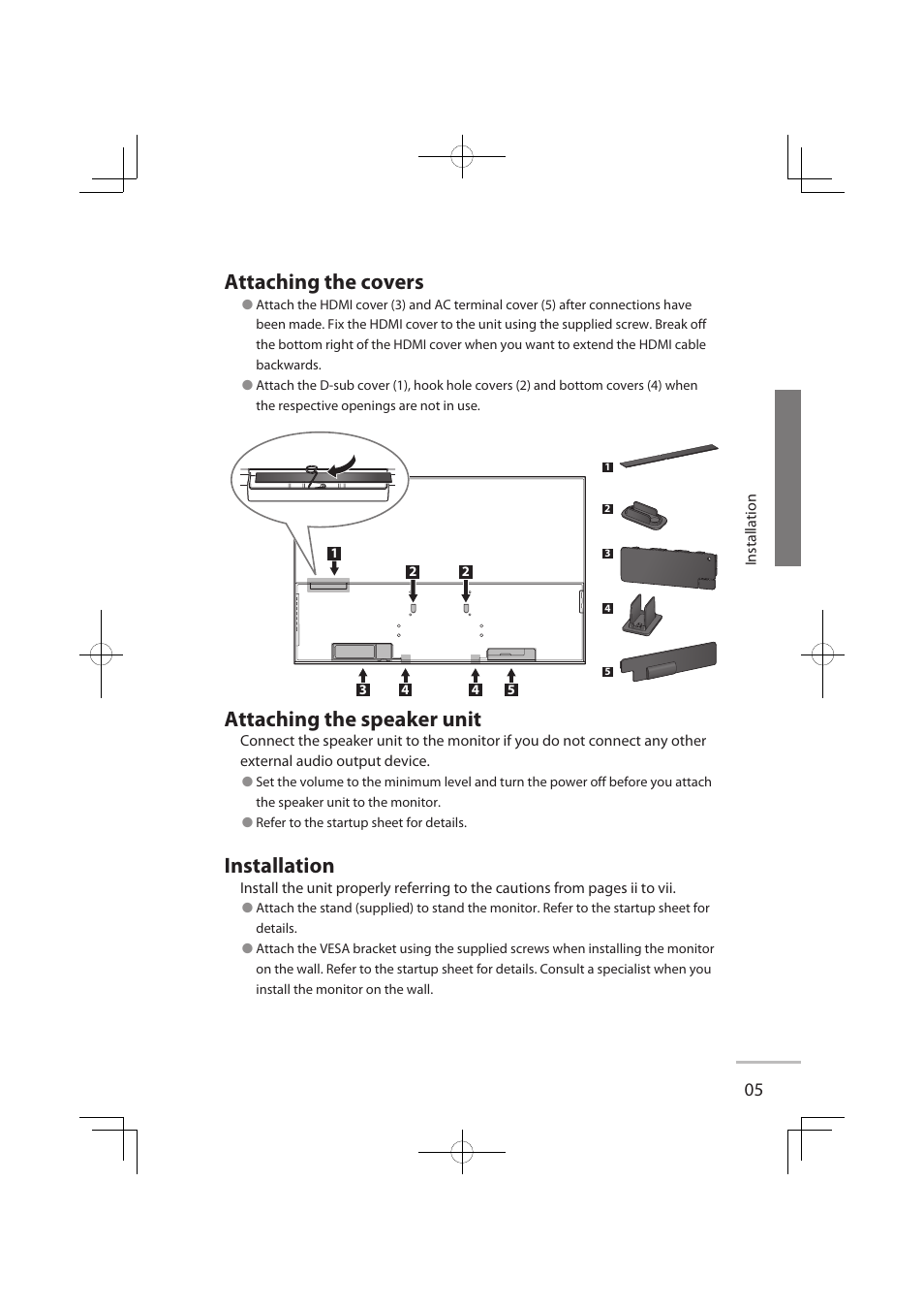 Attaching the covers, Attaching the speaker unit, Installation | JVC LT-32WX50 User Manual | Page 12 / 79