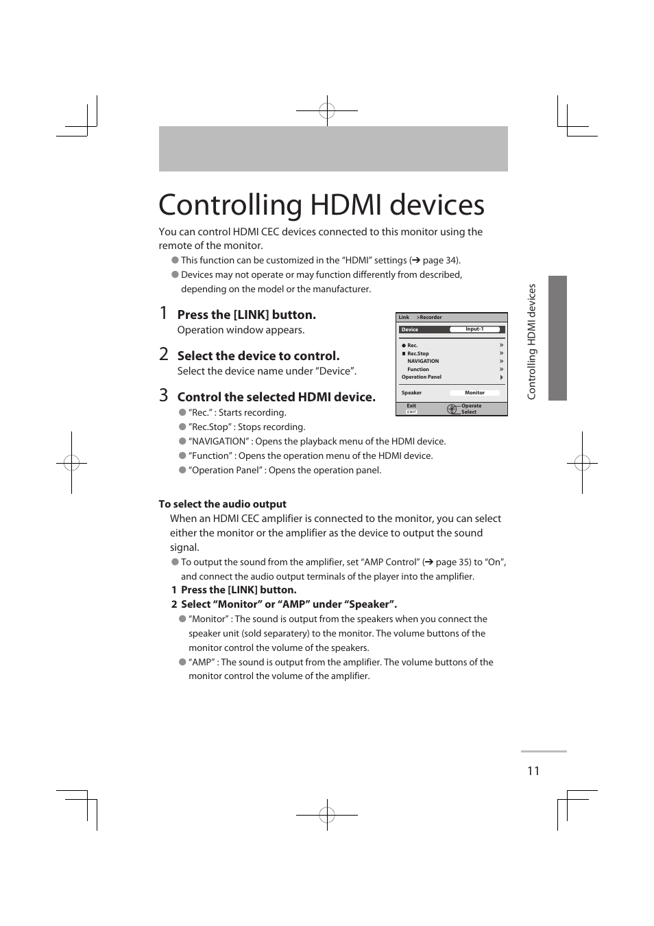 Controlling hdmi devices, Press the [link] button, Select the device to control | Control the selected hdmi device | JVC LT-32WX50 User Manual | Page 18 / 79