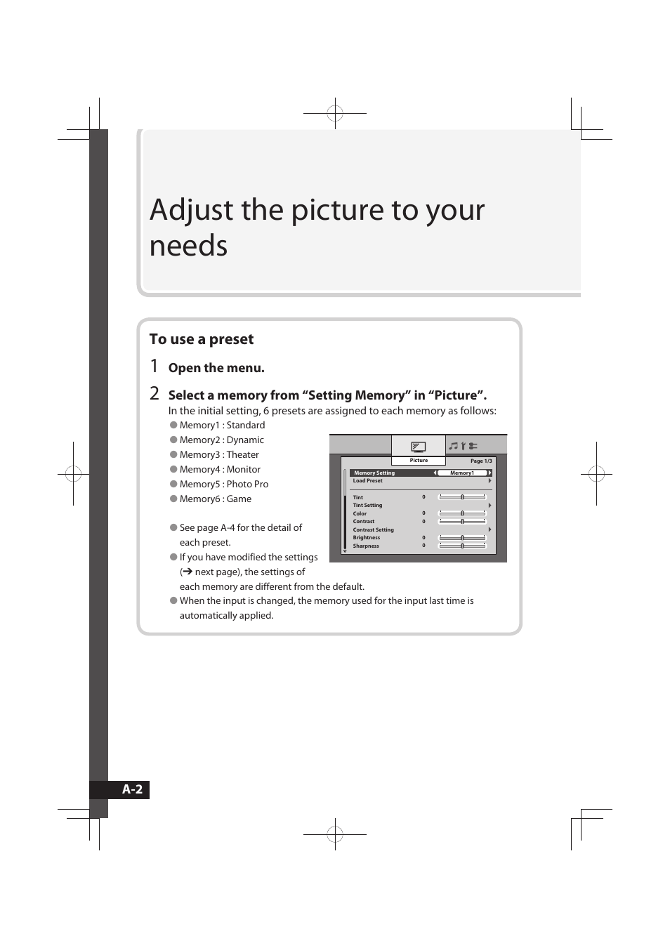 Adjust the picture to yourneeds, To use a preset, Adjust the picture to your needs | Open the menu | JVC LT-32WX50 User Manual | Page 21 / 79