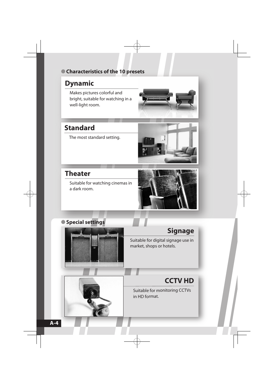 Characteristics of the 10 presets, Special settings, Standard | Cctv hd, Signage, Dynamic, Theater | JVC LT-32WX50 User Manual | Page 23 / 79