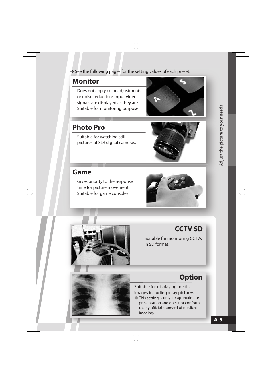 Game, Option, Cctv sd | Monitor, Photo pro | JVC LT-32WX50 User Manual | Page 24 / 79