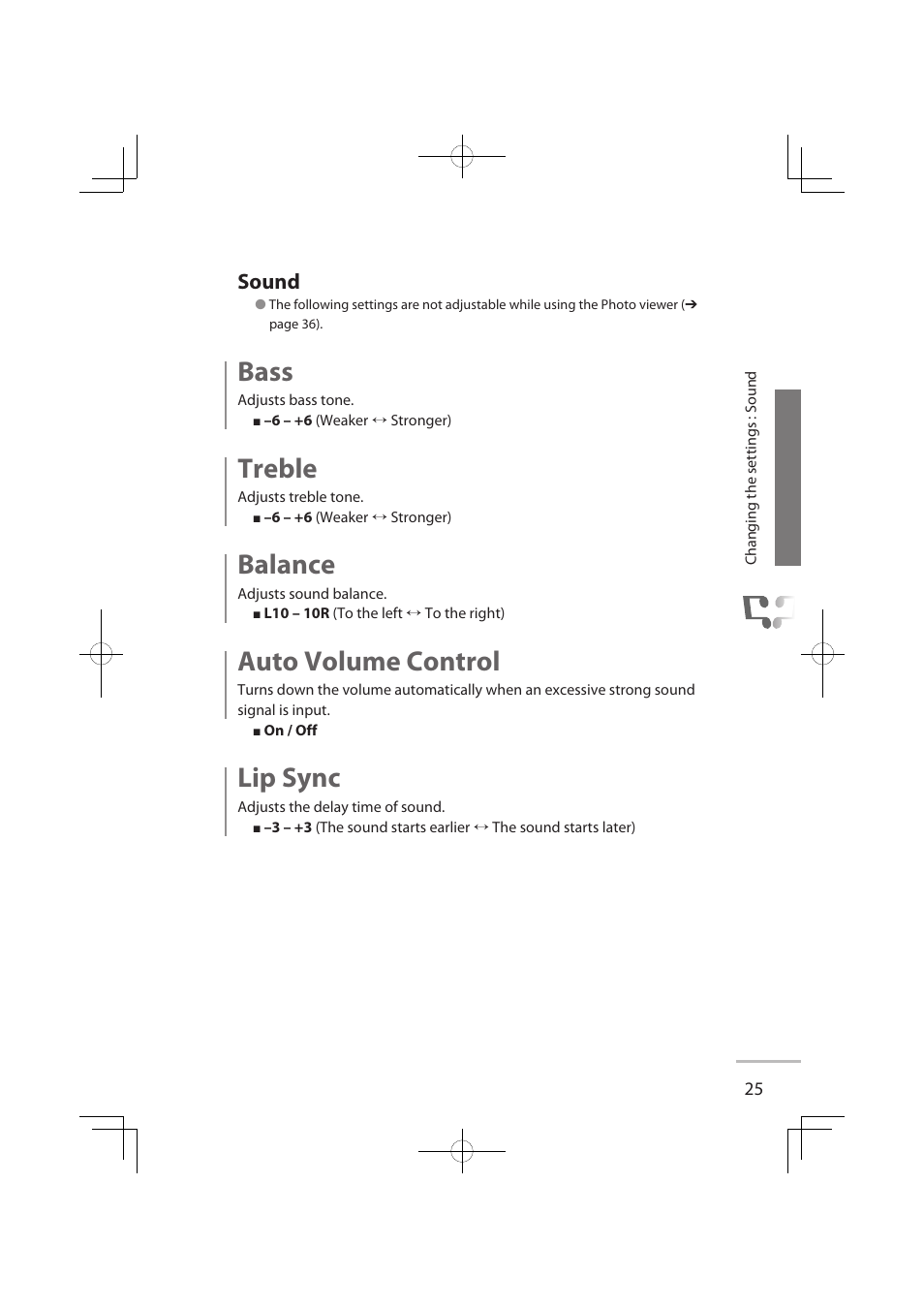 Sound, Bass, Treble | Balance, Auto volume control, Lip sync | JVC LT-32WX50 User Manual | Page 44 / 79